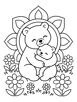 A mother bear hugging her cub surrounded by flowers on this bear coloring page.