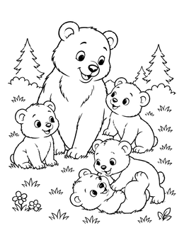 A sweet mother bear watches her cubs in this charming bear coloring page.