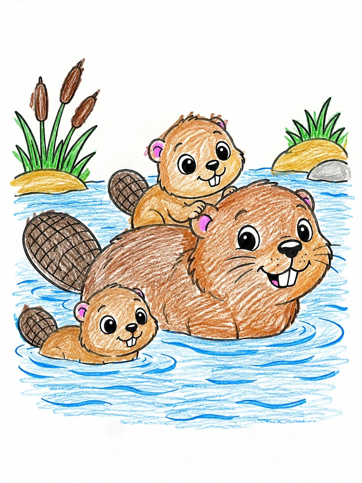 Colored example of the Mother Beaver Swimming With Kits coloring page