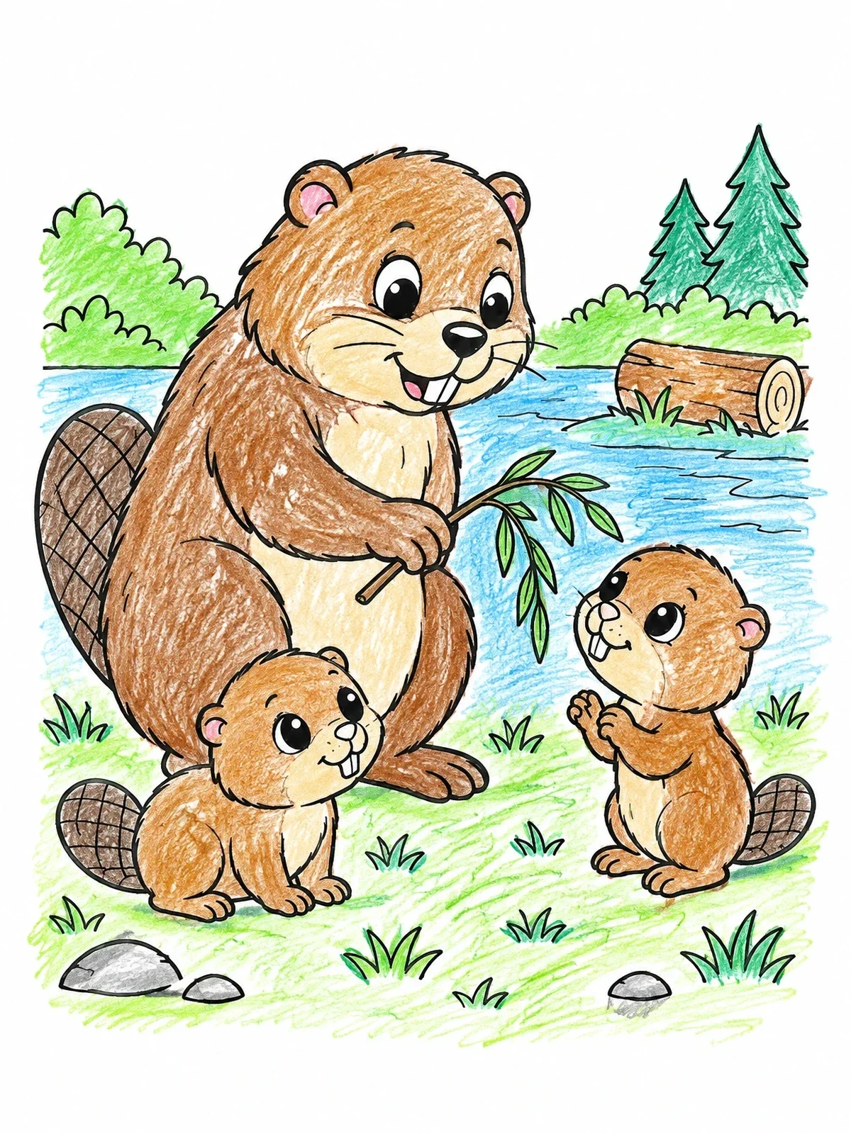 Colored example of the Mother Beaver With Playful Kits coloring page