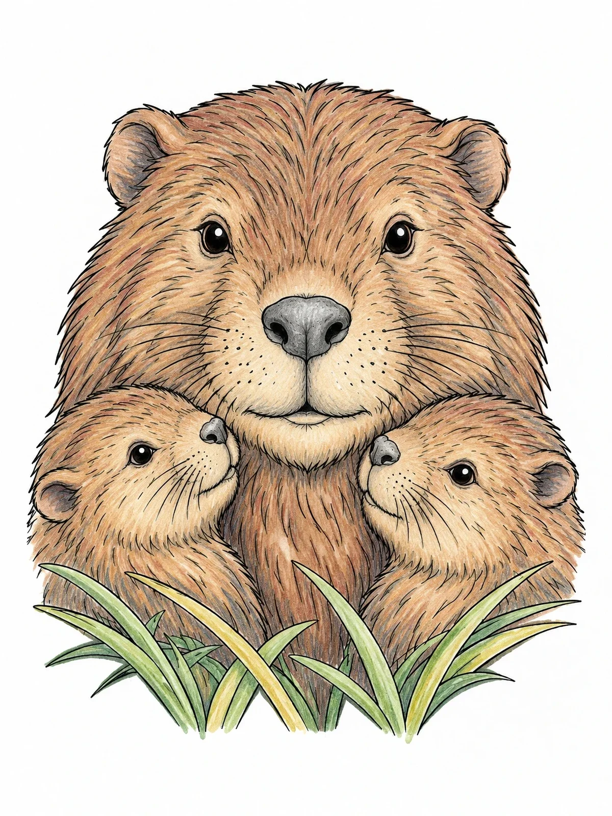 Colored example of the Mother Beaver With Two Kits coloring page
