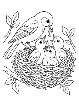 A bird feeding baby chicks with open beaks in this bird nest coloring page.