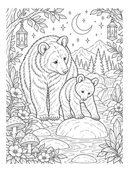 A black bear coloring page featuring a mother bear and cub by a river under lanterns and a crescent moon.