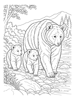 A black bear coloring page showing a mother bear and two cubs walking along a rocky river.