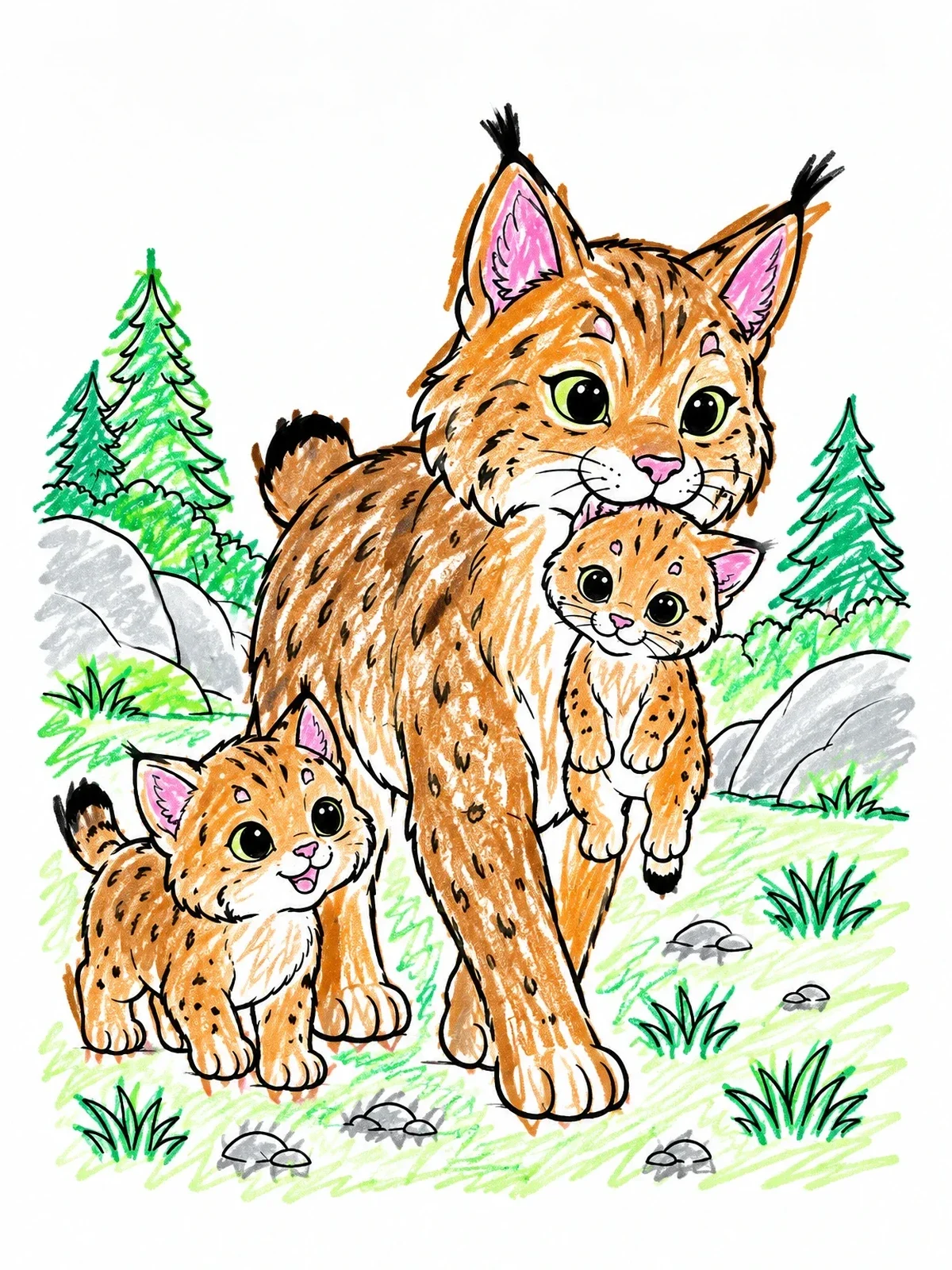 Colored example of the Mother Bobcat Carrying Her Kitten coloring page
