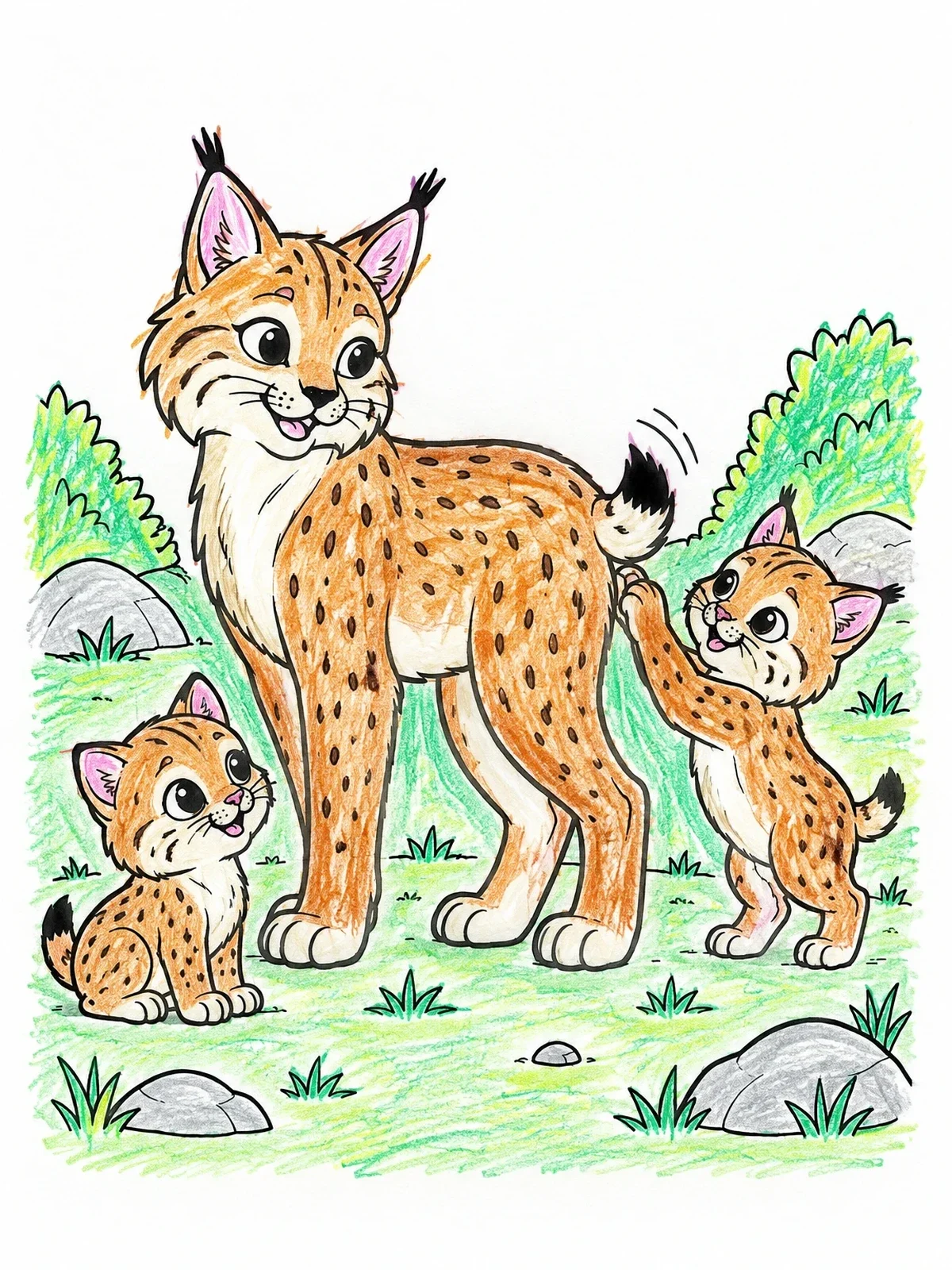 Colored example of the Mother Bobcat With Playful Kittens coloring page