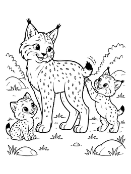 Free printable Mother Bobcat With Playful Kittens coloring page