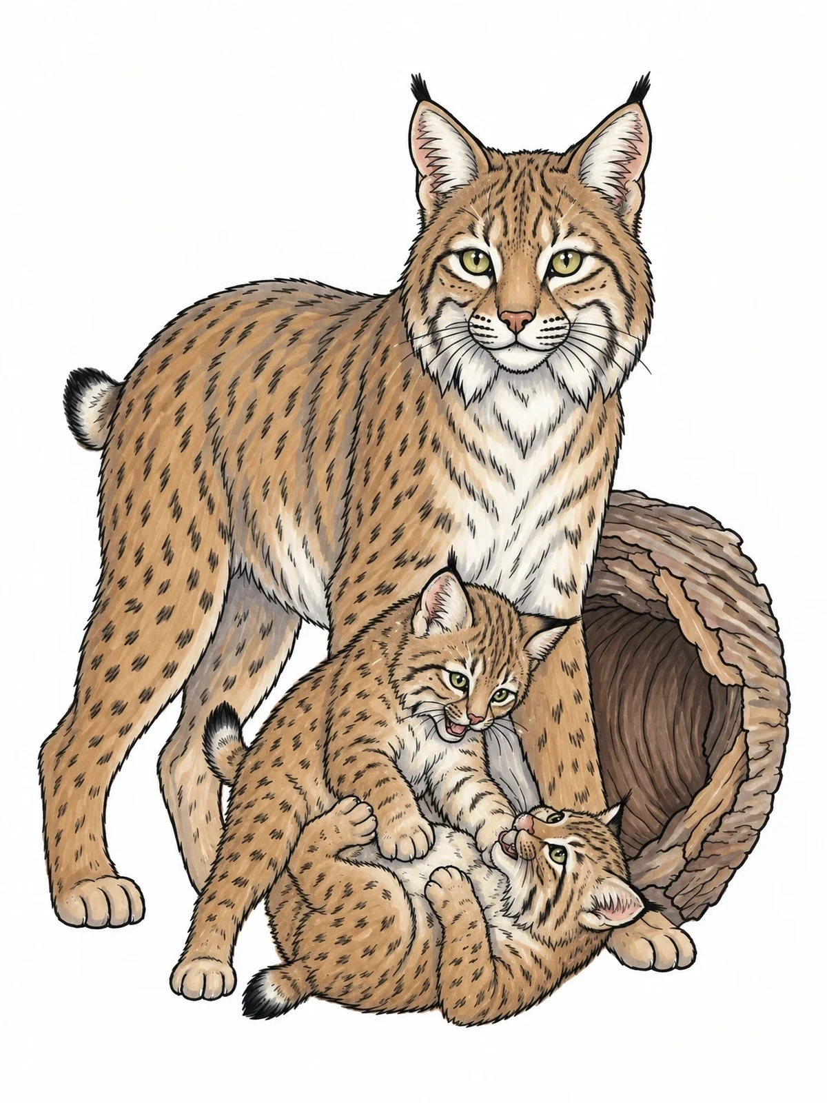 Colored example of the Mother Bobcat With Playful Kittens coloring page