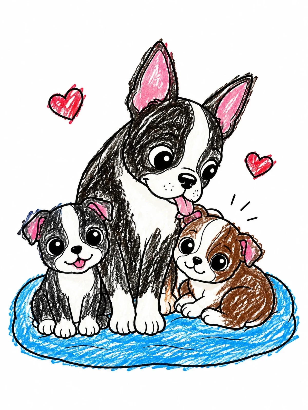 Colored example of the Mother Boston Terrier With Puppies coloring page