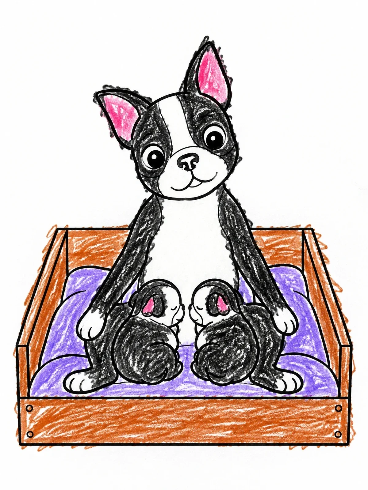 Colored example of the Mother Boston Terrier With Puppies coloring page