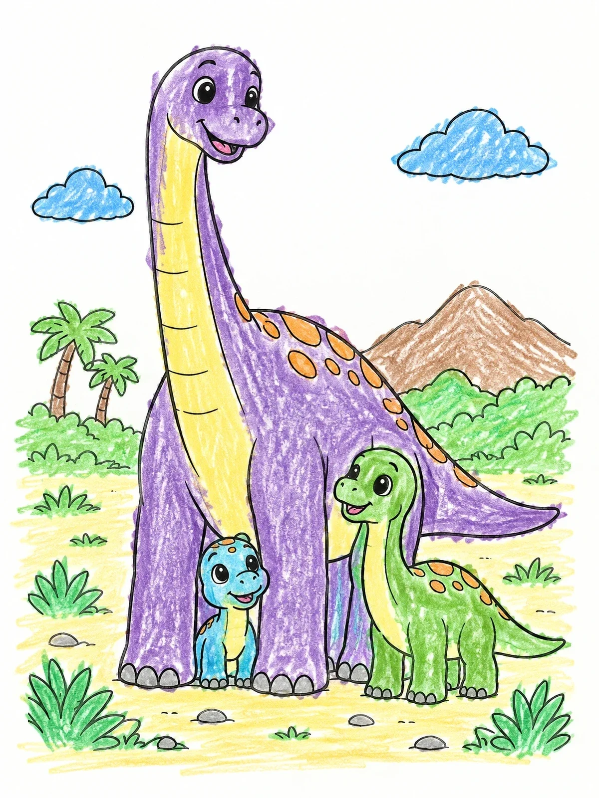 Colored example of the Mother Brachiosaurus With Her Babies coloring page