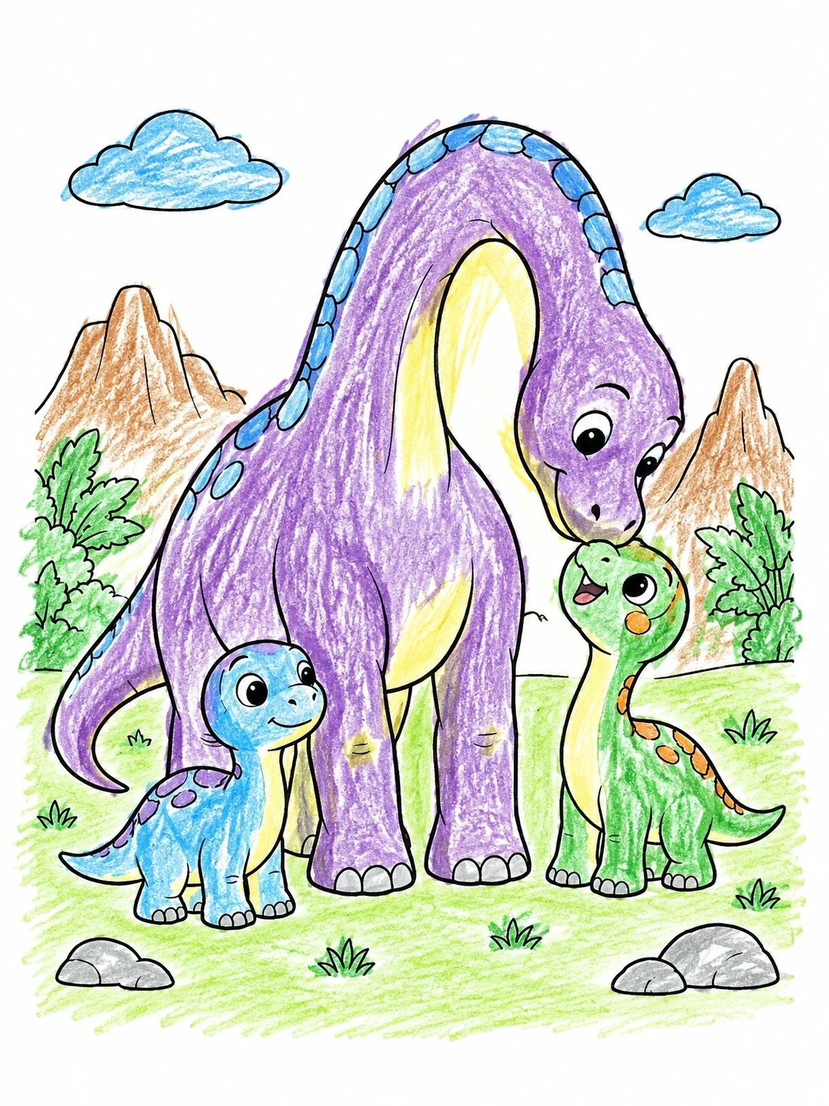 Colored example of the Mother Brachiosaurus With Cute Babies coloring page