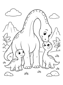 A sweet brachiosaurus coloring page showing a mother dinosaur nuzzling her cute baby.