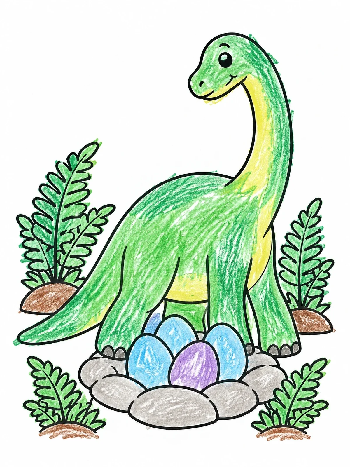 Colored example of the Mother Brontosaurus Guarding Egg Nest coloring page