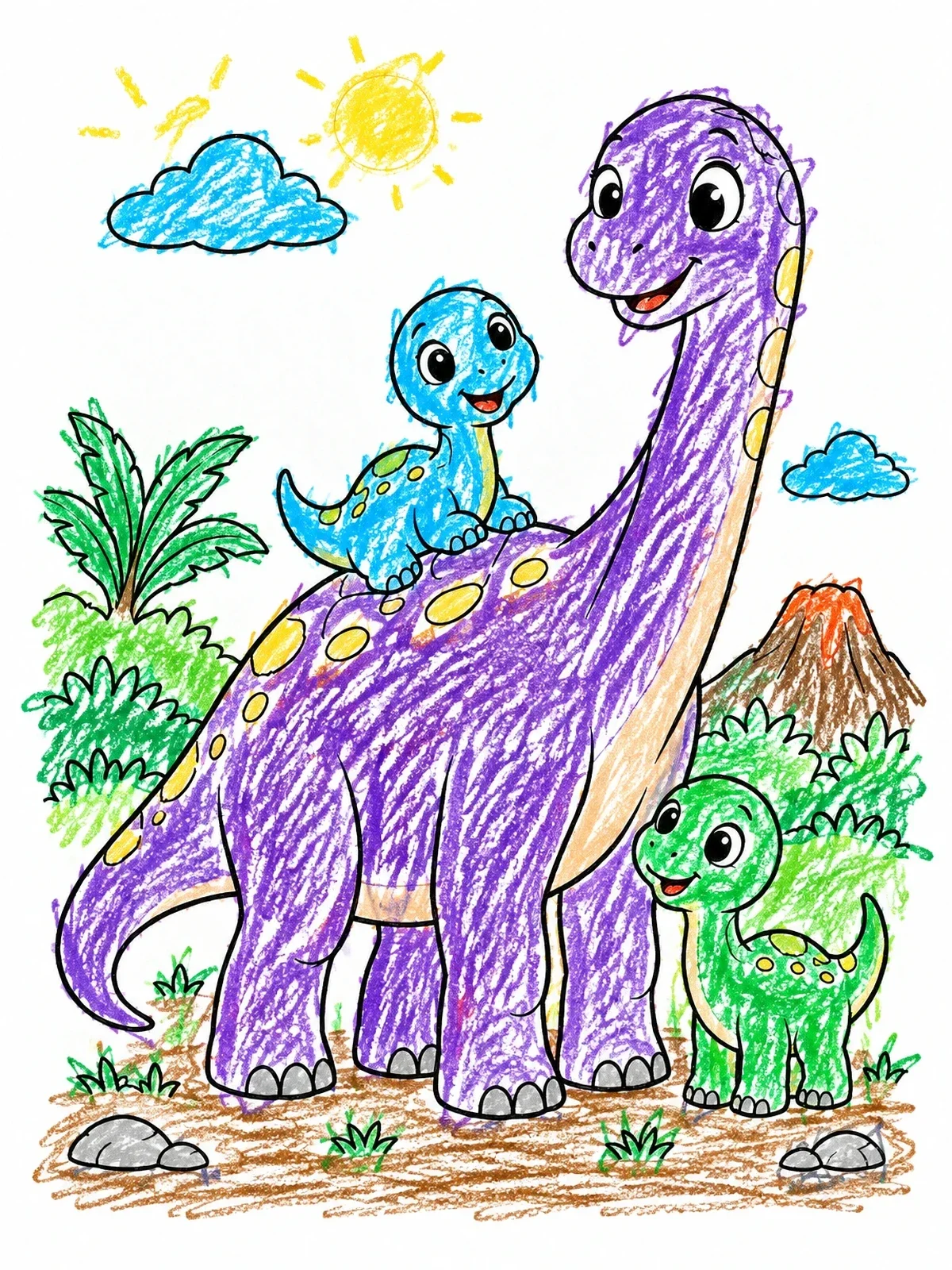 Colored example of the Mother Brontosaurus With Cute Babies coloring page