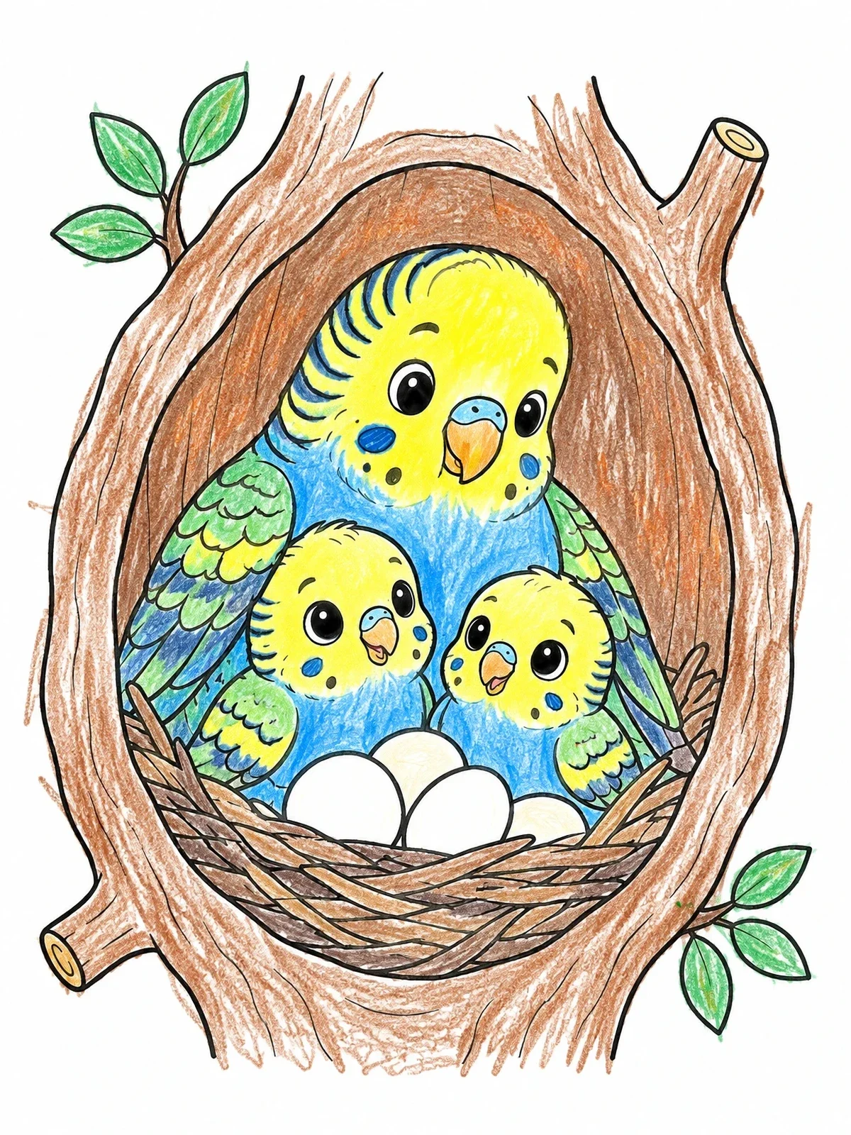 Colored example of the Mother Budgie And Chicks In Nest coloring page