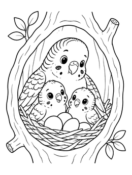 Free printable Mother Budgie And Chicks In Nest coloring page
