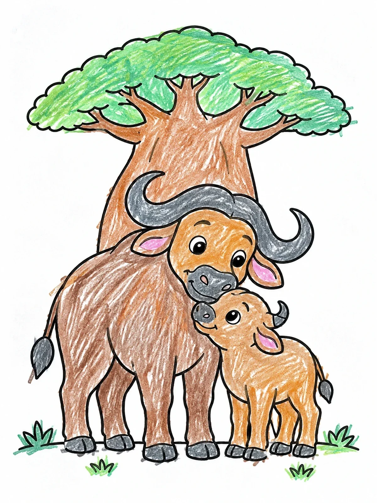 Colored example of the Mother Buffalo And Calf By Baobab Tree coloring page