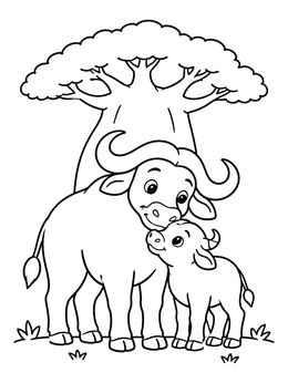 Free printable Mother Buffalo And Calf By Baobab Tree coloring page