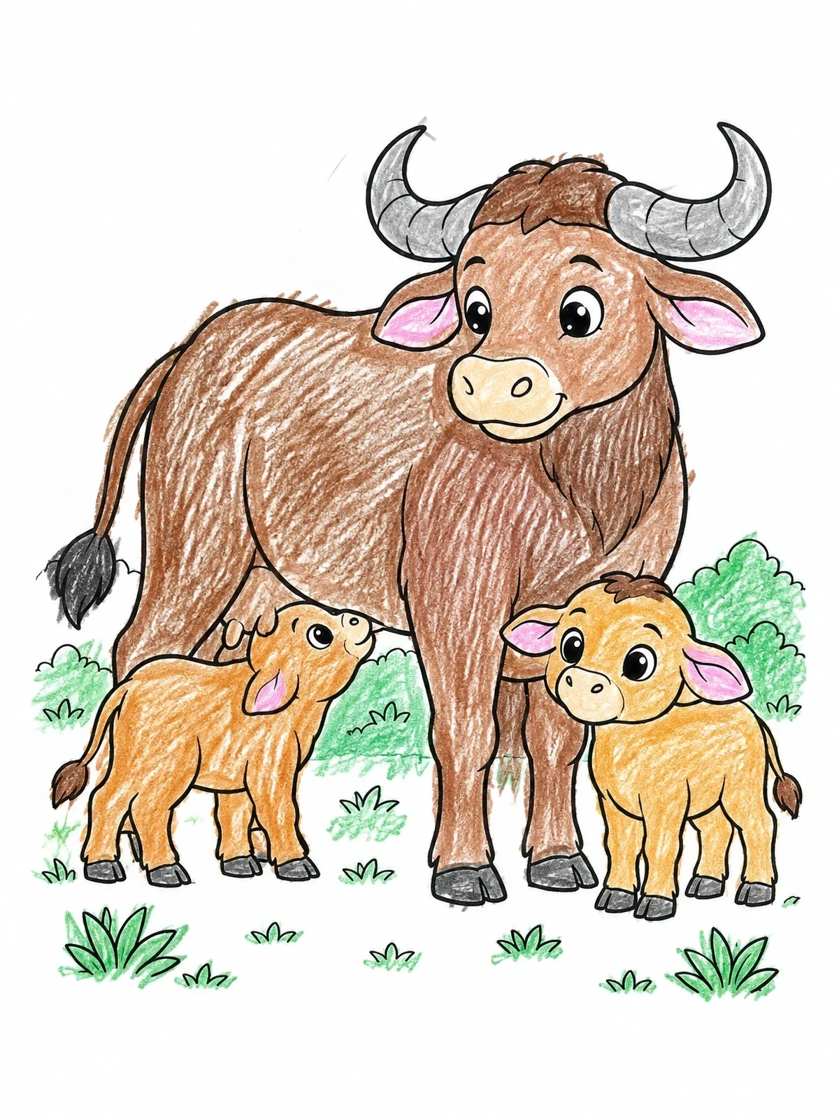 Colored example of the Mother Buffalo With Two Calves coloring page