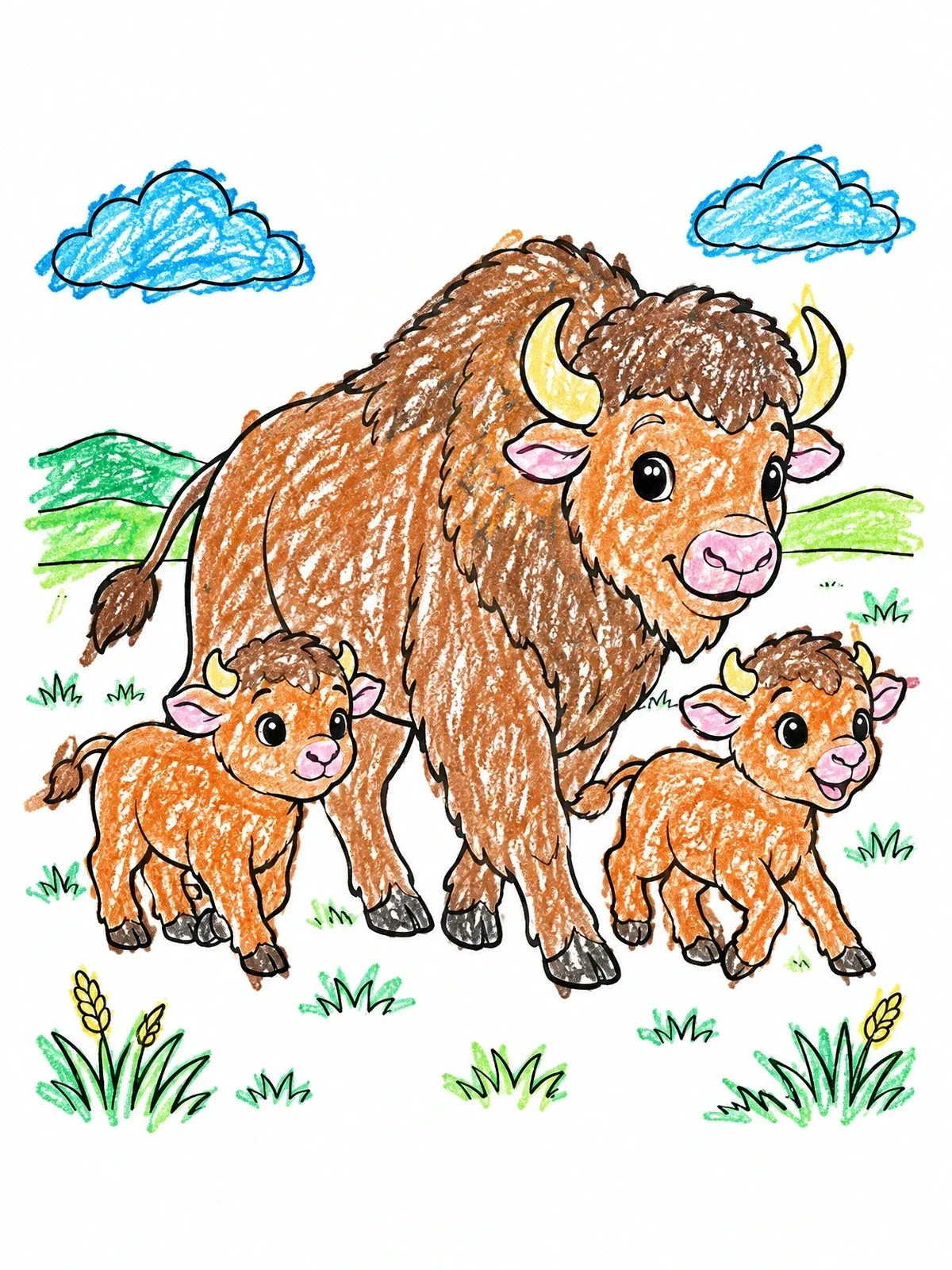 Colored example of the Mother Buffalo With Two Calves coloring page