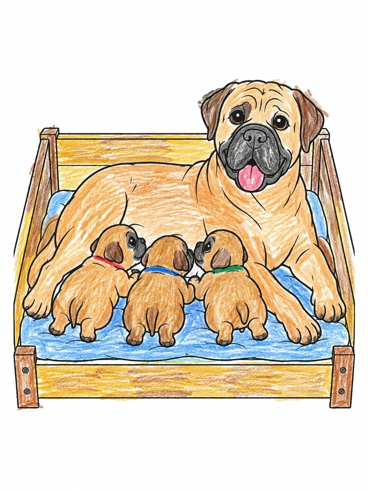 Colored example of the Mother Bullmastiff With Three Puppies coloring page