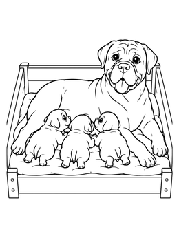 Free printable Mother Bullmastiff With Three Puppies coloring page