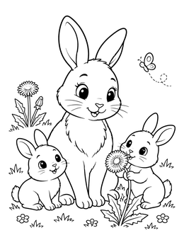 A mother rabbit with two bunnies enjoying dandelions on this bunny coloring page.