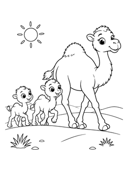 Free printable Mother Camel Leading Cute Calves coloring page