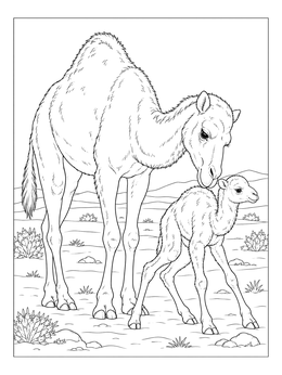 A realistic camel coloring page showing a mother dromedary watching over her small calf in the desert.