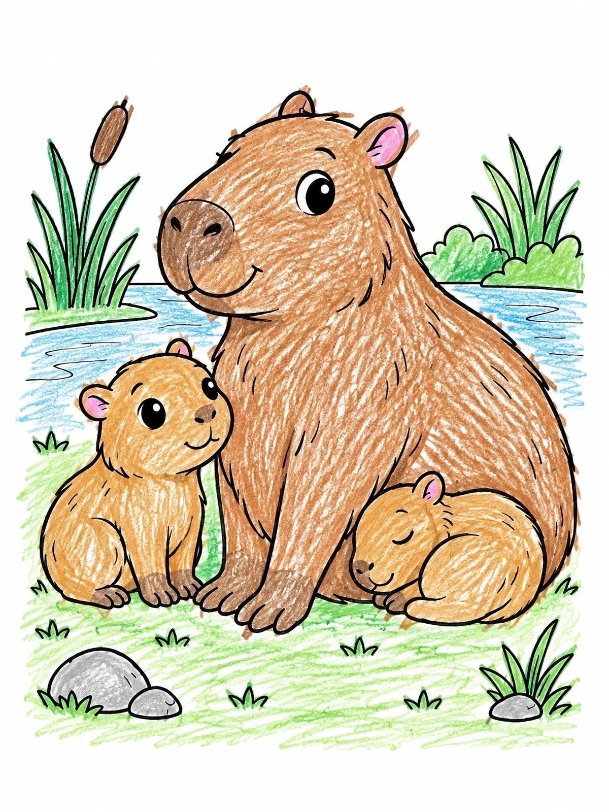 Colored example of the Mother Capybara With Cute Pups coloring page