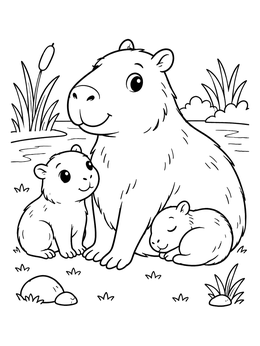 A sweet mother and her pups in this lovely capybara coloring page by the riverside.