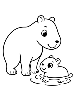 A friendly capybara coloring page showing a mother watching her baby paddle in shallow water.