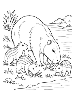 A mother capybara with three pups grazing by water in this capybara coloring page.