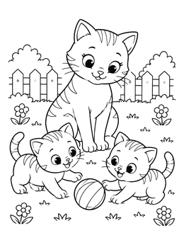 A kitten coloring page showing a mother cat watching two cute kittens playing with a ball in the garden.