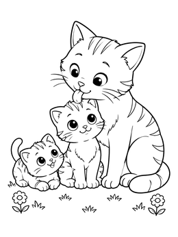 A sweet kitten coloring page showing a mother cat licking her kitten's head beside another kitten.