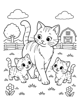 A mother cat walks with two playful kittens in this cute farm coloring page with a barn backdrop.