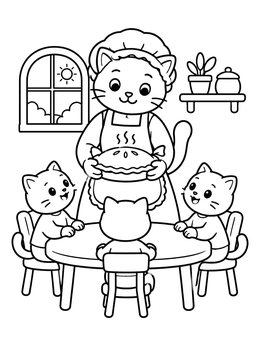 Free printable Mother Cat Serving Pie To Kittens coloring page