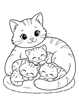 A sweet mother cat curled around three sleeping babies on this kitten coloring page.