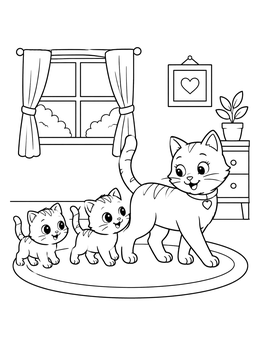 A sweet mother cat leading two cheerful kittens across the living room in this kitten coloring page.