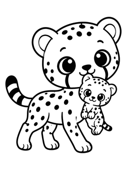 A sweet cheetah coloring page showing a mother carrying her small cub gently.