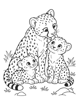 A mother cheetah cleans her cub with her tongue on this cheetah coloring page.