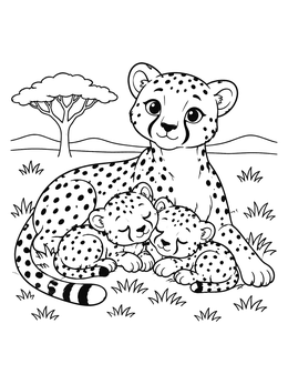A peaceful cheetah coloring page showing a mother resting with two sleeping cubs.