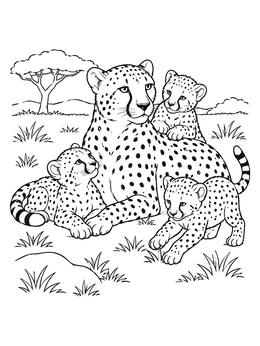 A mother cheetah and three cubs rest in the savanna in this cheetah coloring page.