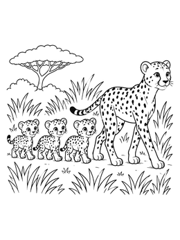 A mother cheetah walks with three cute cubs in this cheetah coloring page set in the savanna.