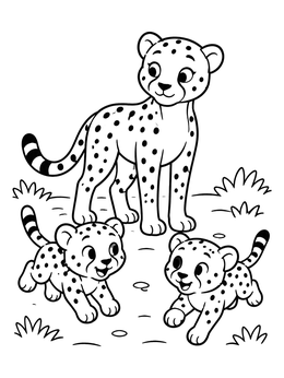 A friendly mother cheetah watching two cubs on this cheetah coloring page.