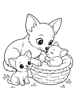 A sweet chihuahua coloring page featuring a mother dog caring for her puppies by a basket.