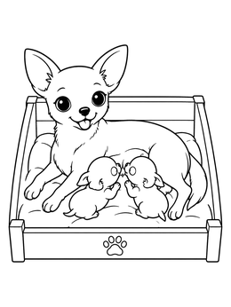 A sweet mother dog resting with tiny pups in this chihuahua coloring page.