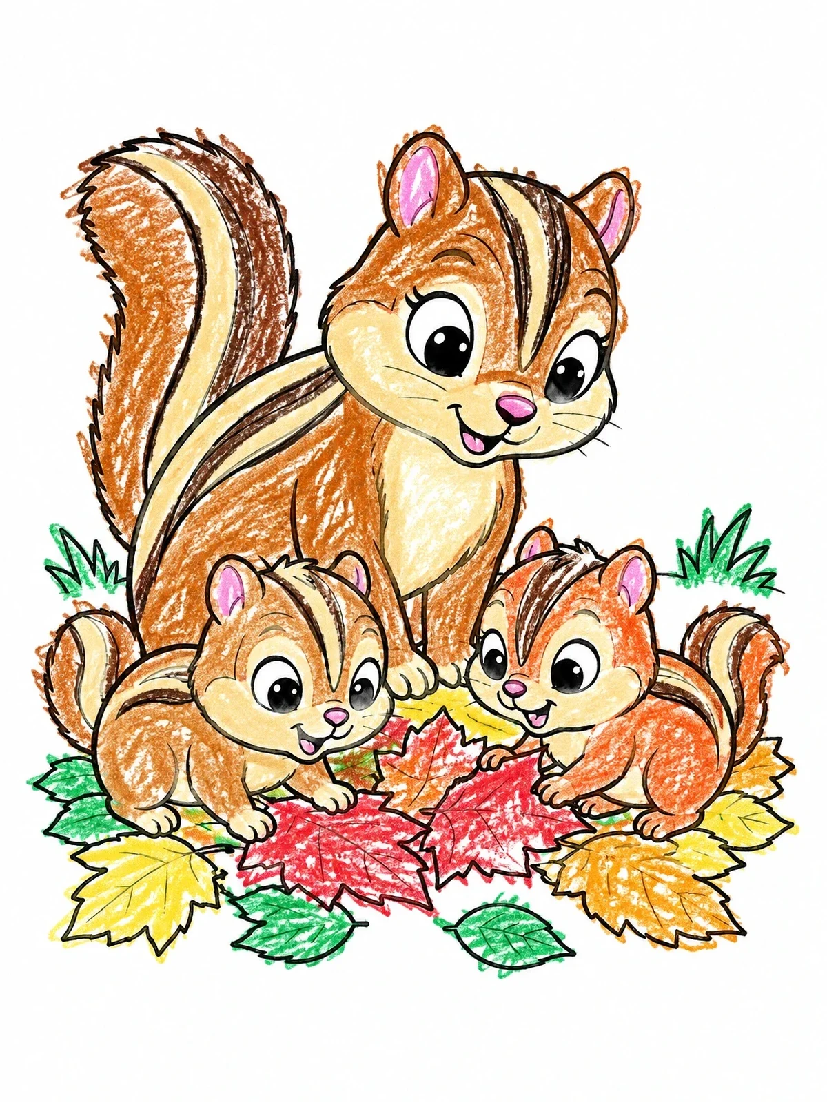 Colored example of the Mother Chipmunk And Playful Babies coloring page