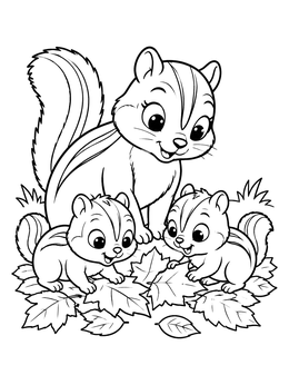 A sweet mother and two babies featured on this chipmunk coloring page among autumn leaves.